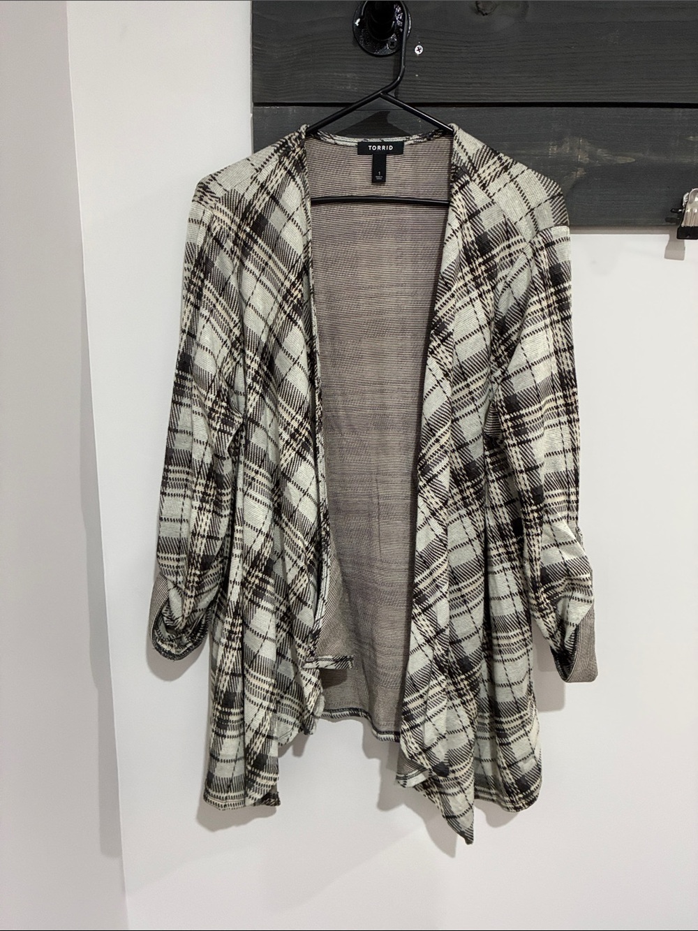 torrid Cream and Brown Plaid Draped Open-Front Cardigan